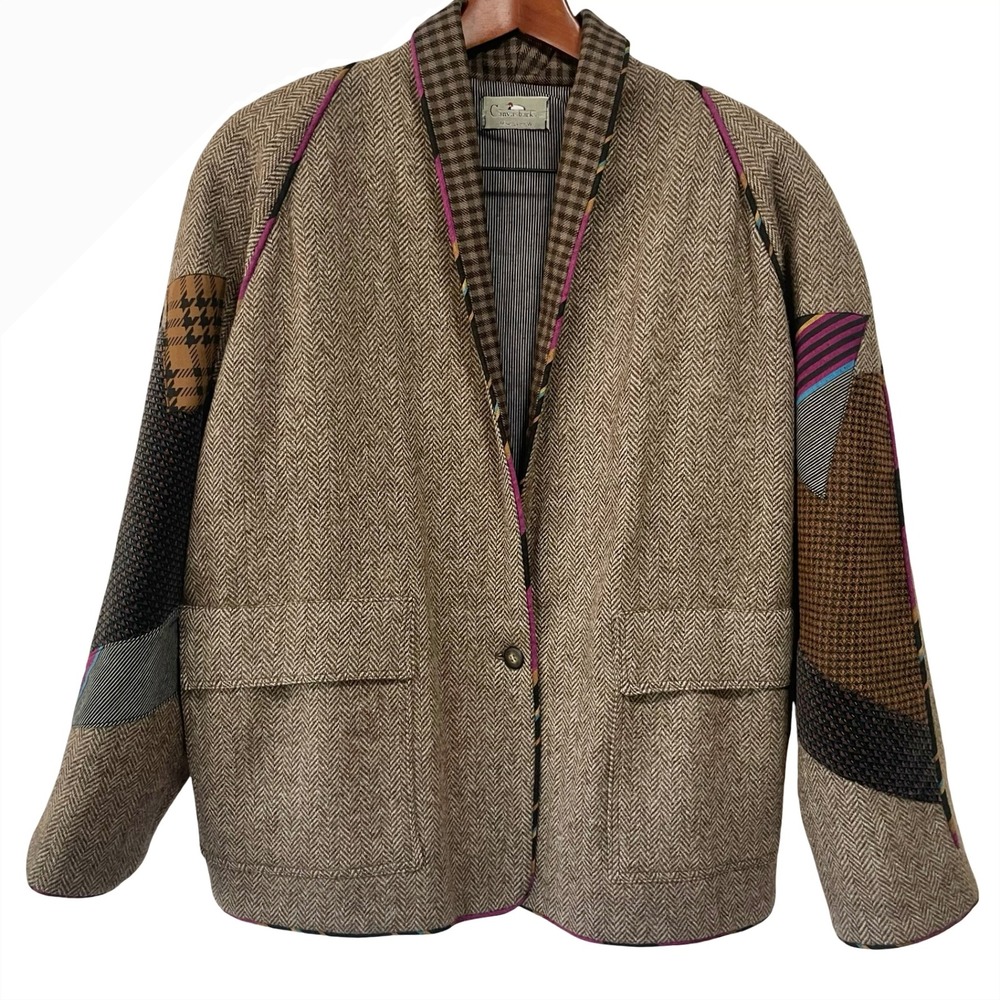 Canvasbacks Vintage Patchwork Herringbone Blazer Sz XL/XXL Mixed Media Artsy